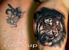 two men with tattoos on their arms, one has a tiger and the other has a dragon