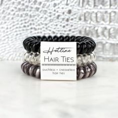 Hotline Hair Ties Black Diamond Metallic Set - Melissa Jean Boutique Coil Hair Ties, Trendy Boutique Clothing, Hair Tie Accessories, Hair Coils, Rose Boutique, Tie Set, Metallic Hair, Women Clothing Boutique, Damaged Hair