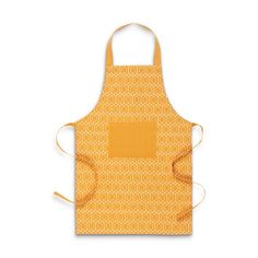 an orange and white apron with yellow geometric designs on the front, two ties at the bottom