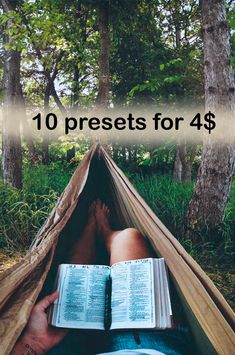 a person laying in a hammock reading a book with the words 10 presets for $ 4