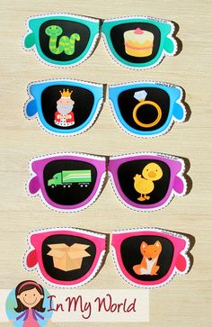 four pairs of sunglasses with different pictures on the glasses and one has a princess in it