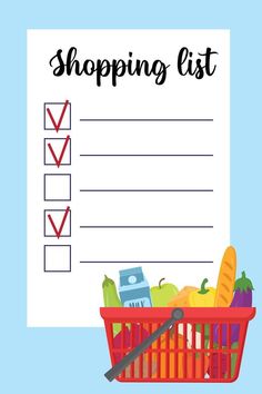 a shopping list with grocery items in the basket and checklist on it, next to a clipboard that says shopping list