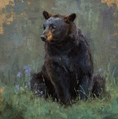 a painting of a black bear sitting in the grass