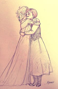 a drawing of two people hugging each other with their arms around one another while the woman is wearing a long dress