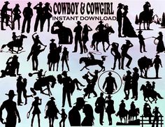 cowboy and cowgirl silhouettes are shown in this graphic art file, as well as the words instant download