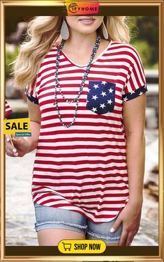 National Day Flag Print Tee Independence Day Flag, Country Song, Girls Tunics, Patriotic Tees, All American Girl, Women's Outfits By Occasions, National Day, Striped Short, Print Tee