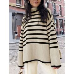 Monochrome Striped Oversized Turtleneck Sweater | The Urban Clothing Shop™ Striped Sweater Outfit, Black And Khaki, Sweater Streetwear, Oversized Turtleneck Sweater, Oversized Sweaters, Oversized Turtleneck, Chic Sweaters, Striped Turtleneck, Bodycon Dress Parties