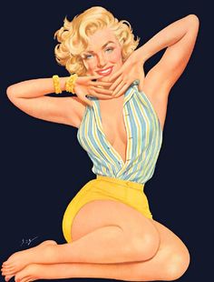 a painting of a woman in yellow shorts and striped shirt with her hands on her hips