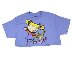 This is a 100% officially licensed Nickelodeon T-shirt, Guaranteed!! This purple crop top is an oversized boyfriend-style tee. It is a crop top with a raw edge. The front features a graphic print of Angelica Pickles and the text that reads " Trust Me I Don't Care". This tee is made of 100% cotton and is tagless for added comfort. This is a fun tee, sure to be loved by any Nickelodeon Rugrats fan. Size: XS.  Gender: unisex.  Age Group: adult. Oversized Y2k Tops With Cartoon Print, Purple Cotton Y2k T-shirt, Purple Character Print Top For Streetwear, Casual Cropped T-shirt With Funny Print For Streetwear, Streetwear Cotton Tops With Cartoon Print, Streetwear Cartoon Print Cotton Tops, Crew Neck Cropped Shirt With Graphic Print For Streetwear, Cotton Cartoon Print Tops For Streetwear, Graphic Print Crew Neck Cropped Shirt For Streetwear