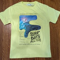 Big Kids Zara Surf T-Shirt With Raised Graphic & Text. So Cool! Size 13/14. You Can Feel The Soft Squishy, Protruding Graphic And Text. This Is A Unique Tee And Fun Find! Casual Yellow T-shirt With Letter Print, Yellow Crew Neck T-shirt With Logo Print, Yellow Crew Neck T-shirt With Text Print, Yellow T-shirt With Front Print, Yellow Graphic Tee With Letter Print, Yellow Letter Print Graphic Tee, Yellow Graphic Cotton T-shirt, Yellow Cotton T-shirt With Graphic Print, Yellow Short Sleeve T-shirt With Front Print