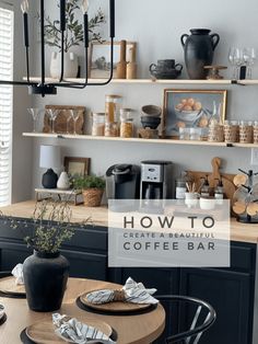 a kitchen with black cabinets and shelves filled with coffee cups, plates and utensils