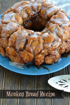 a monkey bread recipe on a blue plate