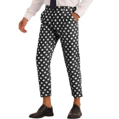 The pleated front polka-cropped pants are classic, unique, and stylish. Polka dot print cropped dress pants can be worn with a dress shirt, sweater, polo shirt, blazer, or trench coat for an elegant and stylish look. Polka dot print pants are perfect for office work, graduations, proms, wedding parties, ceremonies, festivals, and more. Pants For Men Casual, Slim Fit Trousers Men, Dress Pants Black, Sweater Polo, Slacks Trousers, Polka Dot Pants, Crop Dress, Business Pants, Plaid Suit