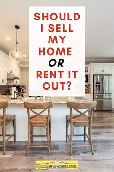 a sign that says should i sell my home or rent it out? in front of a kitchen island