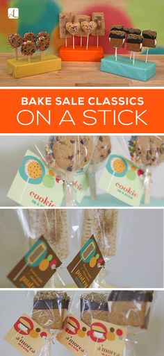 there are some cookies and candy on the table with tags in front of them that read bake sale classics on a stick