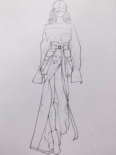 a drawing of a woman's outfit on a white paper sheet with black ink