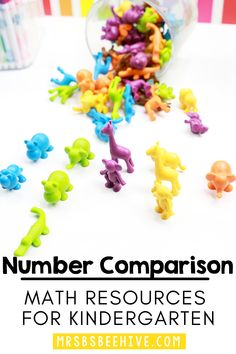 colorful toy animals and numbers on a table with text overlay that reads number comparison math resources for children