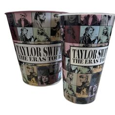 two cups with the covers of taylor swift and the eras tour on them, both decorated in different colors