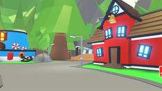 an animated image of a red house and blue truck