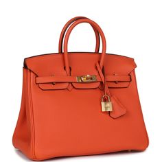 This Birkin is in Feu togo leather with gold hardware and has tonal stitching, front flap, two straps with center toggle closure, clochette with lock and two keys, and double rolled handles.The interior is lined with Feu chevre and has a zip pocket with an Hermes engraved zipper pull and an open pocket on the opposite side.Collection: AOrigin: FranceCondition: Pre-owned; Mint - This bag retains it shape. The exterior leather is clean with no signs of wear. The interior leather is clean with no signs of wear or use.Accompanied by: Hermes dustbag, clochette, lock, two keys, clochette dustbag, rainhat and feltMeasurements: 10" width x 7.5" height x 4.75" depth; 2.75" handle drop Designer Togo Leather Bag With Metal Hardware, Formal Togo Leather Bag With Lock, Office Togo Leather Bag With Lock, Togo Leather Travel Bag With Metal Hardware, Travel Bag With Togo Leather And Metal Hardware, Travel Bag With Metal Hardware And Togo Leather, Hermes Birkin 25, Hermes Birkin 30, Togo Leather