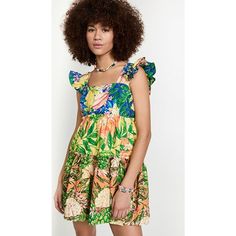 New Size L $165 Details Styled With Three Tiers Of Contrasting Botanical Prints, The Caipirinha Minidress From Farm Rio Features Ruffled Trim And Flutter Cap Sleeves. Square Neck Flutter Cap Sleeves Empire Waist Tiered Hem Concealed Side Zip 100% Cotton Machine Wash Imported Size & Fit About 35” From Shoulder To Hem Bin 16 Tropical Ruffle Dress For Garden Party, Tropical Sleeveless Dress With Ruffles, Tropical Ruffle Dress For Brunch, Tropical Green Dress With Ruffles, Tropical Mini Dress For Garden Party, Tropical Print Mini Dress For Garden Party, Tropical Mini Length Dress For Brunch, Farm Rio Dress, Midi Wrap Dress