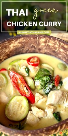 thai green chicken curry in a wooden bowl