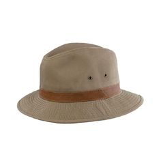 a tan hat with brown leather band