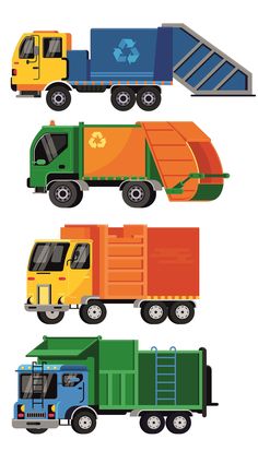 three different colored dump trucks side by side on a white background, each with a recyclable trash can in the back