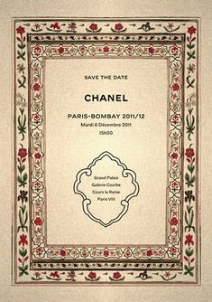 an ornate frame with the words save the date chanel paris - bombay 2012 / 12