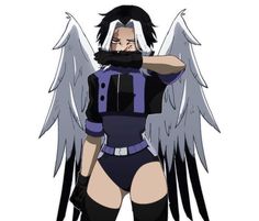 an anime character with angel wings on her chest and black hair, wearing a purple bodysuit