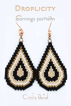 Beading Pattern for Elegant Tear Drop Earrings in Black, White, and Gold – Perfect for Party Style Jewelry and Special Occasions Handmade Earrings Beaded, Beaded Jewelry Patterns, Party Style, Brick Stitch, Jewelry Patterns, Tear Drop