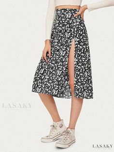 Lasaky - Chic and Trendy Split Hem Daisy Print Midi Skirt Casual Non-stretch Split Skirt, Non-stretch Split Skirt In Casual Style, Casual White Skirt With Split, Casual White Split Skirt, Chic Non-stretch Split Skirt, Casual Split Skirt For Spring, Casual Split Skirt, Casual Black Split Skirt, Casual Spring Maxi Skirt With Split