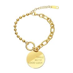 A unique twist on the traditional bracelet, the Ball & Link Chain Bracelet with Pendant is designed with both a ball link and a chain link. The stylish piece is also fashioned with a dew drop pendant that says, "Smile with Good Luck". Size: 7.3"inches Length x 0.3"inches Width x 0.06"inches Height Product Care : Remove before swimming or bathing and try to avoid contact with body lotions, oils, and liquids. Material : 100% Stainless Steel. 100% Hypoallergenic. Bracelet With Pendant, Traditional Bracelet, Link Chain Bracelet, Body Lotions, Bootie Sandals, Straw Bags, Sneaker Slippers, Baby Boy Shoes, Drop Pendant