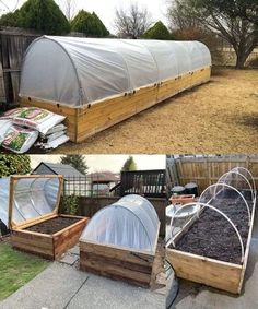 several different types of raised garden beds in the yard