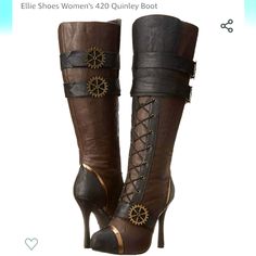 Nwt, Women's Size 8, Ellie Brand,Brown & Black Steampunk Boots With Gold Accents & 4" Heel. Steampunk Boots Women, Steampunk Clothes, Steampunk Shoes, Steampunk Boots, Costume Boots, Platform Combat Boots, Ellie Shoes, Dr Shoes, Brown Boots Women