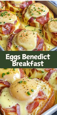 eggs benedict breakfast with ham and cheese in a pan