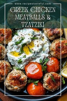 greek chicken meatballs and tzatzki on a plate