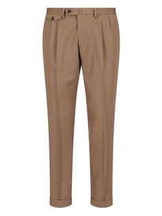 Briglia 1949 slim trousers in brown virgin wool, belt loops, zip and button closure, central pin tucks, two back flap pockets, turn-up hem. Tailored Brown Pants For Business, Brown Tailored Formal Pants, Fitted Brown Pants With Pressed Crease, Semi-formal Brown Straight Leg Dress Pants, Brown Semi-formal Dress Pants, Brown Tapered Leg Business Pants, Tailored Brown Business Bottoms, Brown Tapered Leg Pants For Business, Tailored Brown Bottoms With Belt Loops