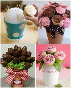 four different pictures with cupcakes and flowers in them, one is decorated like a flower pot