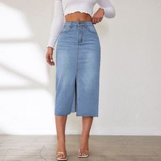 Lasaky - Vintage High-Waisted Denim Midi Skirt with Front Slit Denim Vests, Suit Jumpsuit, Long Sleeve Denim Jacket, Sweater Jumpsuit, Half Skirt, White Jumpsuit, Denim Midi Skirt, Light Blue Color, Types Of Skirts