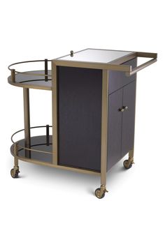 Contemporary Oak Trolley | Eichholtz Bellini | Oroa.com Brass Bar Cart, Brushed Brass Hardware, Round Shelf, Brass Bar, Moving Furniture, Glass Tray, Miami Design, Design District, Oak Veneer