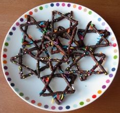 a white plate topped with chocolate sprinkles on top of a wooden table