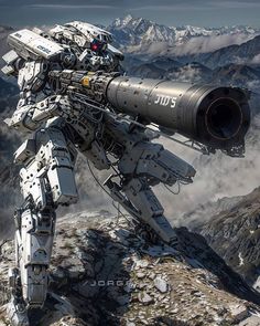 a sci - fi robot standing on top of a mountain next to a giant telescope