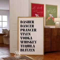 there is a poster on the wall in the living room that says dasher dancer, viveen vodka, whiskey, tequila