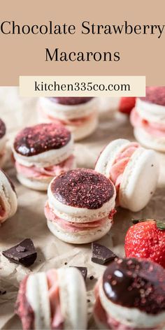 chocolate strawberry macarons are arranged on top of each other