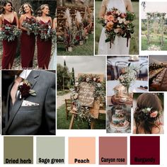 the color palette is red, green, peach, burgundy and gold for this wedding