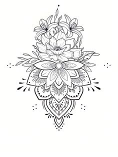 a black and white drawing of a flower on a white background with an intricate design