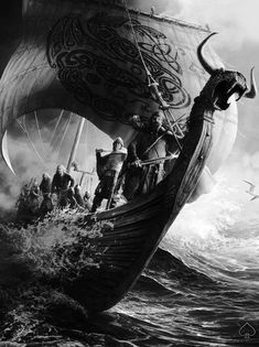 the viking ship is being attacked by two men on it's back in the water