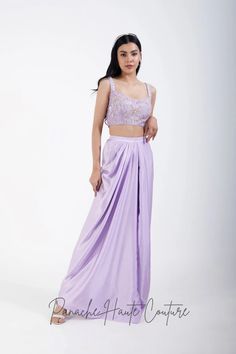 Lavender Color Dhoti with Hand-embroidered Crop Top – Panache Haute Couture Elegant Lavender Choli For Festive Occasions, Lavender Saree Set For Party, Lavender Sets With Zari Work In Traditional Drape, Lavender Saree For Party, Elegant Lavender Lehenga For Party, Elegant Lavender Party Sets, Lavender Lehenga For Party With Traditional Drape, Lavender Traditional Drape Lehenga For Party, Purple Silk Party Sets