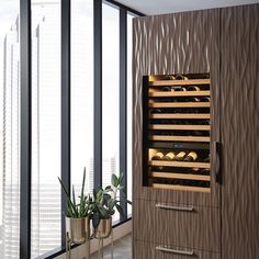 a wine cellar in the corner of a room